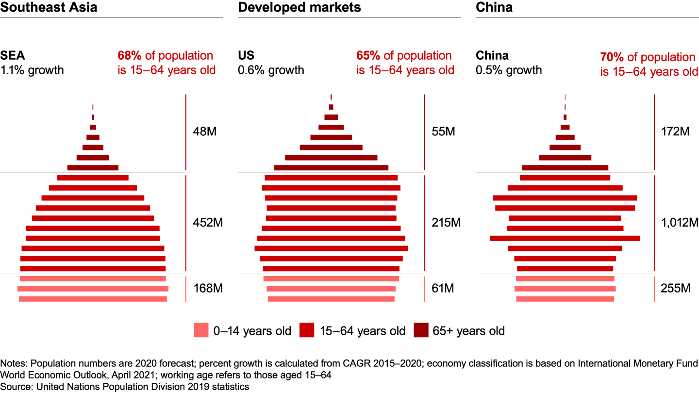 Southeast Asia has an expansive population pyramid, representing a strong labor profile and consumption potential